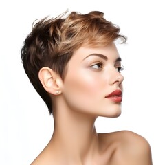 Wall Mural - a famale model with Pixie cut, side view isolated on white background