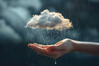 Raindrops falling from a cloud raining on a hand. Environment, climate change, weather, drought and floods concept