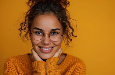 woman showing smile smiling with glasses on yellow background.