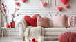Interior of living room decorated for Valentine's Day, generative ai