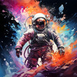 Astronaut in outer space. Watercolor astronaut in costume and helmet. Watercolor splash splatters
