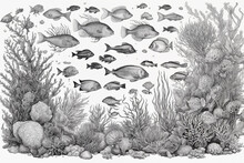 Hand Drawn Underwater Natural Elements. Sketch Of Reef Corals And Swimming Fishes. Monochrome Horizontal Illustration Of Sea Life. Black And White Coloring Page. Generative Ai