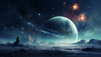 Wall Mural - illustration of a planet landscape with planets in space. created with generative ai