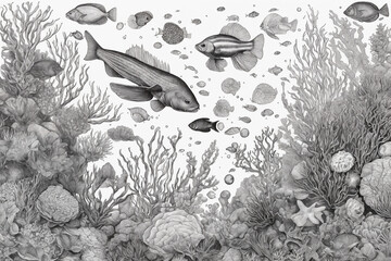 Hand drawn underwater natural elements. Sketch of reef corals and swimming fishes. Monochrome horizontal illustration of sea life. Black and white coloring page. Generative Ai