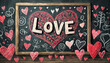 Calkboard with word Love and hearts for Valentines Day, art design