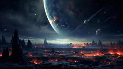 Wall Mural - illustration of a planet landscape with planets in space. created with generative ai