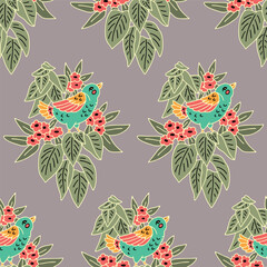 Wall Mural - Seamless pattern with hand drawn cute birds and flowers motifs. Retro style floral wallpaper