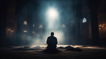 Silhouette Of Muslim Man Worshiping And Praying For Fasting And Islamic Eid Culture In Old Mosque With Lighting And Smoke Background, Copy Space - Generative Ai