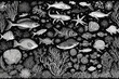 Hand drawn underwater natural elements. Sketch of reef corals and swimming fishes. Monochrome horizontal illustration of sea life. Black background. Generative Ai