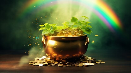 Leprechaun pot of gold and luck, rainbow backdrop, St. Patrick's Day illustration, Generative ai