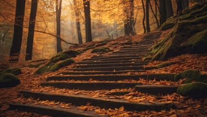 leaf, stairs, nature, yellow, horizontal, leafy, golden, autumn leaves, autumn landscape, steps, fal