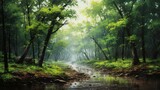 Fototapeta Natura - A forest grove in the midst of a gentle rainfall, rain-kissed leaves and a serene ambiance that highlights the raw beauty of nature in motion - Generative AI
