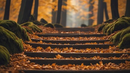 leaf, stairs, nature, yellow, horizontal, leafy, golden, autumn leaves, autumn landscape, steps, fal