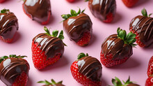 Fresh strawberries covered chocolate on pink background