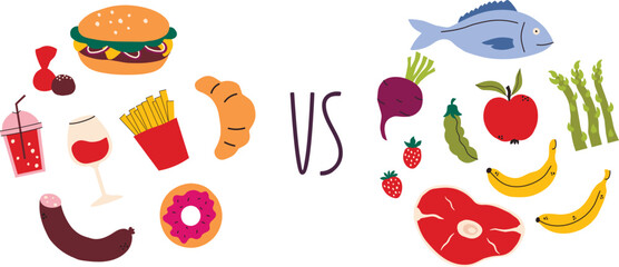 Healthy vs unhealthy food flat vector illustration. Concept of choosing between good and bad nutrition.