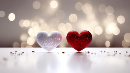 Wall Mural - Red hearts on wooden table against defocused lights.