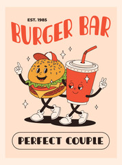 Wall Mural - Cartoon fast food poster. Retro groovy cards with mascot food characters. Brochure design with quote text for cafe. Banner with funky groovy burger with soda. Fast food delivery flyer