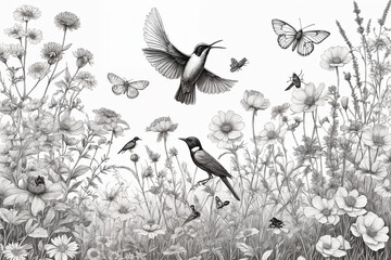 Wall Mural - Hand drawn black and white blooming flowers, butterflies, birds on blank background. Monochrome floral composition in vintage style. Generative Ai