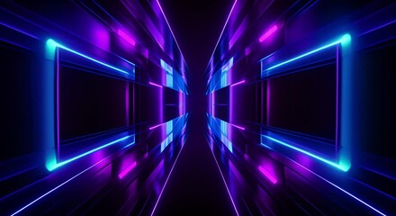 Poster - Animation of Purple grids neon glow light lines design on perspective floor, 3d technology abstract neon light background. Abstract flight in retro neon hyper warp space in the tunnel. Video animation