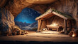 Christian Christmas scene with empty wooden manger, star of Bethlehem in cave. Birth of Jesus Christ, nativity scene. AI generated