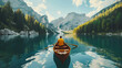 Adventurous traveling couple rowing a boat on a perfect scenic lake in a beautiful national park. generative ai