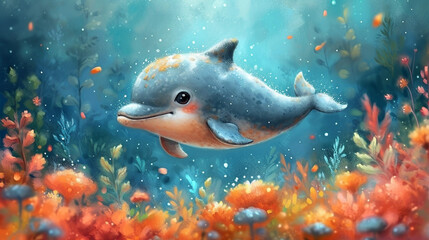Wall Mural - printed illustration of the cute behavior of a baby dolphin