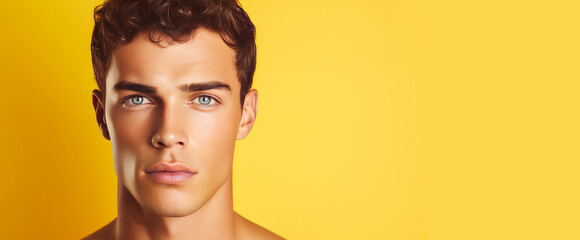 Wall Mural - Portrait of a handsome elegant sexy Caucasian man with perfect skin, on a yellow background, close-up.