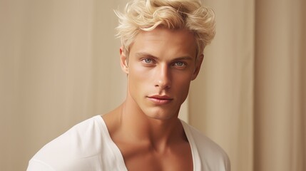 Wall Mural - Portrait of a handsome elegant sexy Caucasian blond man with blond hair with perfect skin, on a beige cream background, close-up.