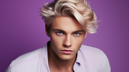 Sticker - Portrait of a handsome elegant sexy Caucasian blond man with blond hair with perfect skin, on a purple background.