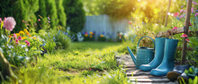 A Picturesque Garden Path Lit By Sunshine With A Blue Watering Can And Rubber Boots On A Green Grass In The Foreground In The Garden