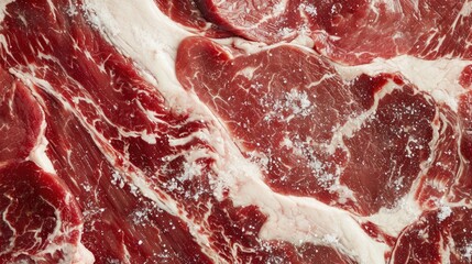 Background or texture of a detailed close-up showcasing the rich marbling of raw beef, with visible fat veins and seasoning