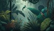 A hyper-detailed rendering of a lush, tropical rainforest, with a dense canopy, diverse flora, and fauna amidst the misty atmosphere - Generative AI