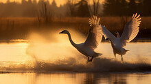 Swan On Blue Lake Water In Sunny Day, Swans On Pond, Nature Series