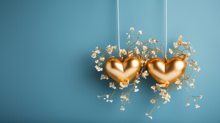 Wall Mural - Saint Valentine day greeting card with hearts against festive blue bokeh background.