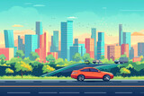 Fototapeta  - Light background with urban landscape. Car goes on the road to the city. 