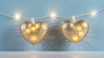 Wall Mural - Saint Valentine day greeting card with hearts against festive blue bokeh background.