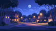 Urban or suburban neighborhood at night houses with lights late evening or midnight. 