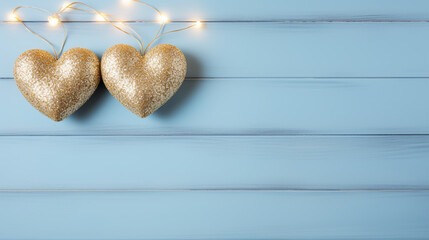 Wall Mural - Saint Valentine day greeting card with hearts against festive blue bokeh background.