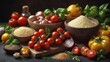 Tasty fresh appetizing italian food ingredients on dark background. ready to cook. home italian healthy food cooking concept. toning.