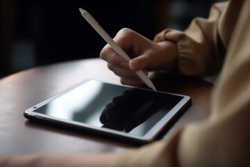 Poster - Faceless portrait woman working stylus. Office tablet gadget working digital. Generate Ai