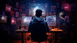 © stateronz - A gamer in a room with a multi-monitor setup plays at night, surrounded by game posters and lighting. Gaming cyber sports rooms and sets. Generation alpha. Gaming addiction