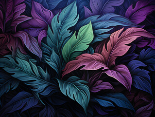 a lilac and blue graphic tropical leaves background