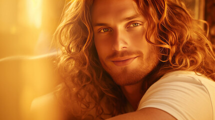 Canvas Print - Handsome elegant sexy smiling man with perfect skin and long red hair, on a golden background, banner, close-up.