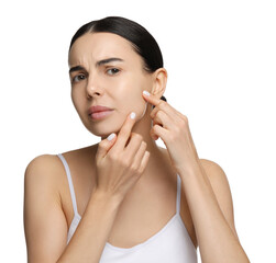 Wall Mural - Young woman with dry skin on white background