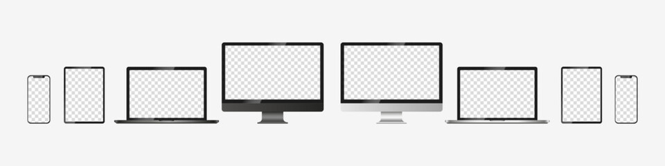 Aufkleber - Realistic mockups of devices on an isolated background. Vector set of phone, tablet, laptop and computer. Empty screen mock-up, silver design. Vector EPS 10