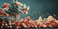 Banner With Chinese Dragon And Elements Over Teal Background With Copy Space.