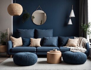 Two knitted poufs near dark blue corner sofa. Scandinavian home interior design of modern living room.