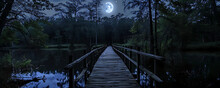A Wooden Bridge Crosses Dark Water Under A Full Moon, Tall Trees Casting Shadows As Nature Invites Exploration At Night.