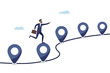 © Andrii - Businessman run on milestone location pin on business roadmap. Roadmap, project milestone or business journey achievement, step planning or progress concept.