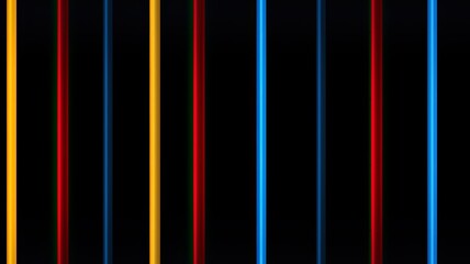 Poster - vertical, precise lines in a vibrant color palette of blue, red, or yellow, forming a flat and repeating pattern on a sleek black background, showcasing clean and shining lines. SEAMLESS PATTERN.